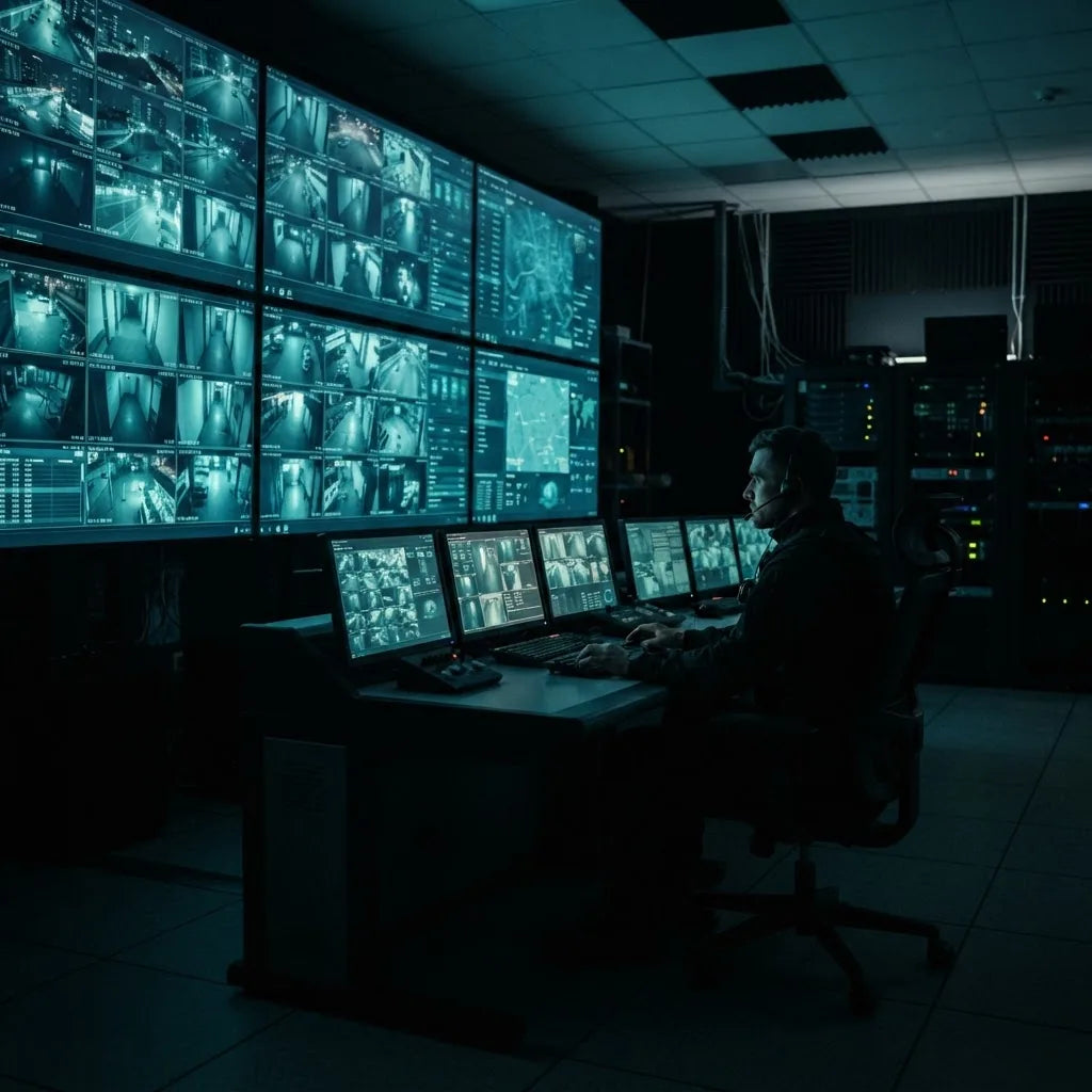 Surveillance control room with a wall of live camera feeds